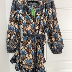 Farm Rio Bohemian Patterned Dress with Blue and Brown Accents